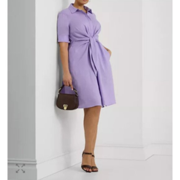 Lauren Ralph Lauren 100%  Linen Tie Waist Shirtdress Midi Lavender Plus Size 18 - Picture 9 of 9